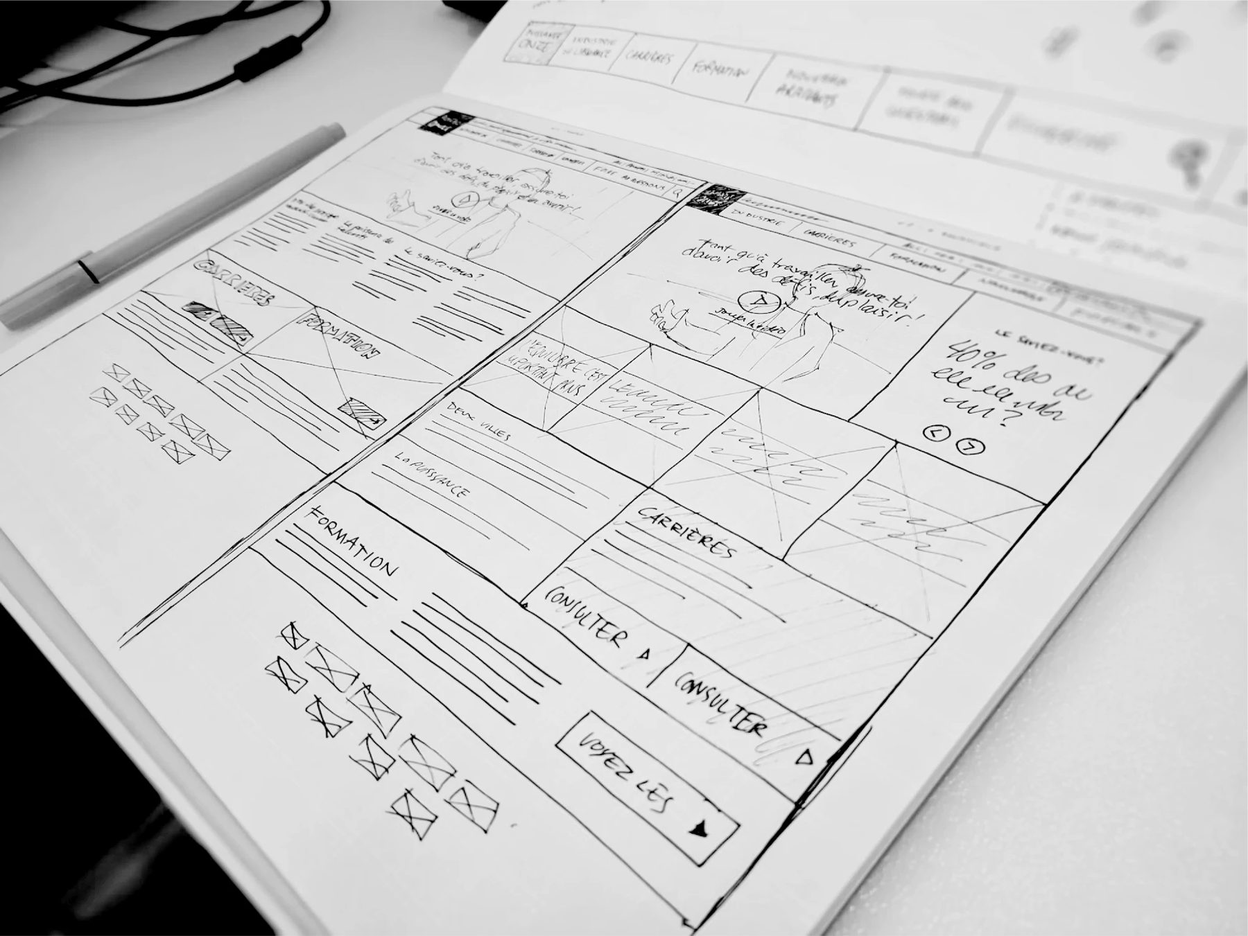 A notebook of annotated website sketches