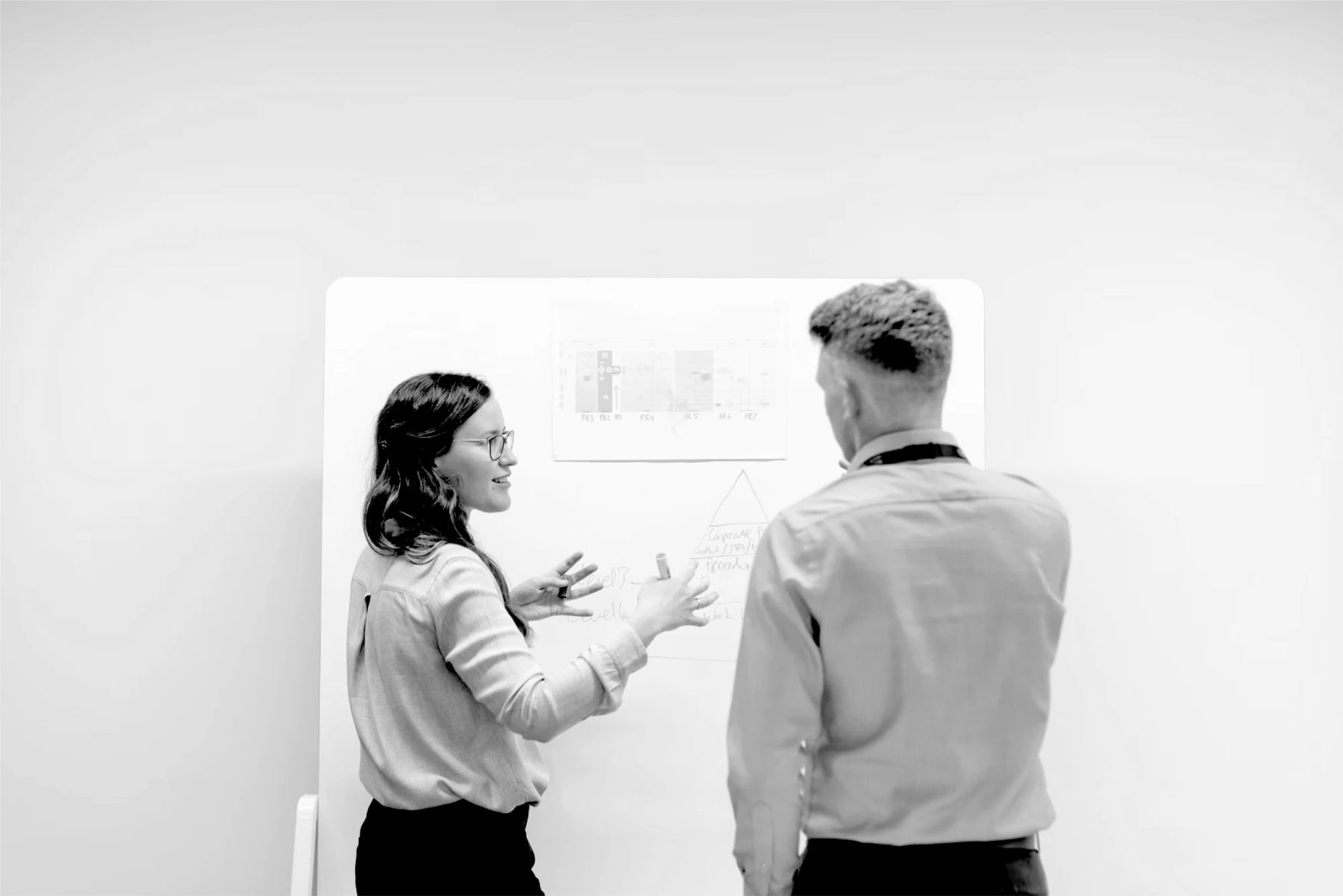 Two people talking a process through at a whiteboard